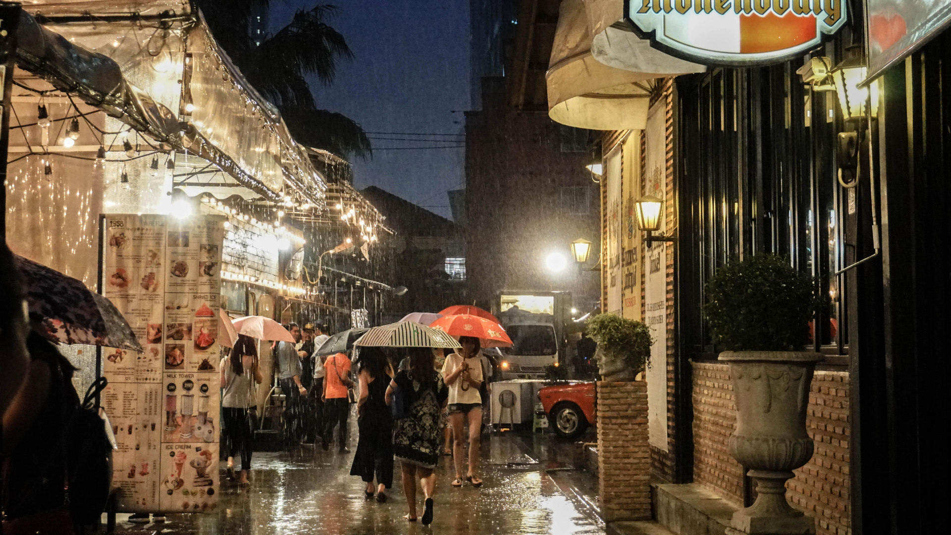 rain at the night market in Bangkok